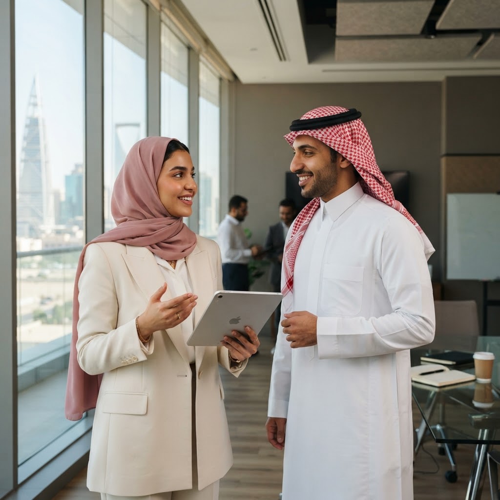 A Saudi HR manager in a business meeting in Riyadh